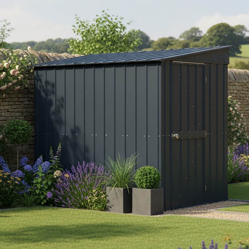 5x8 Globel Lean-To Metal Shed in Grey - in situ, angle view