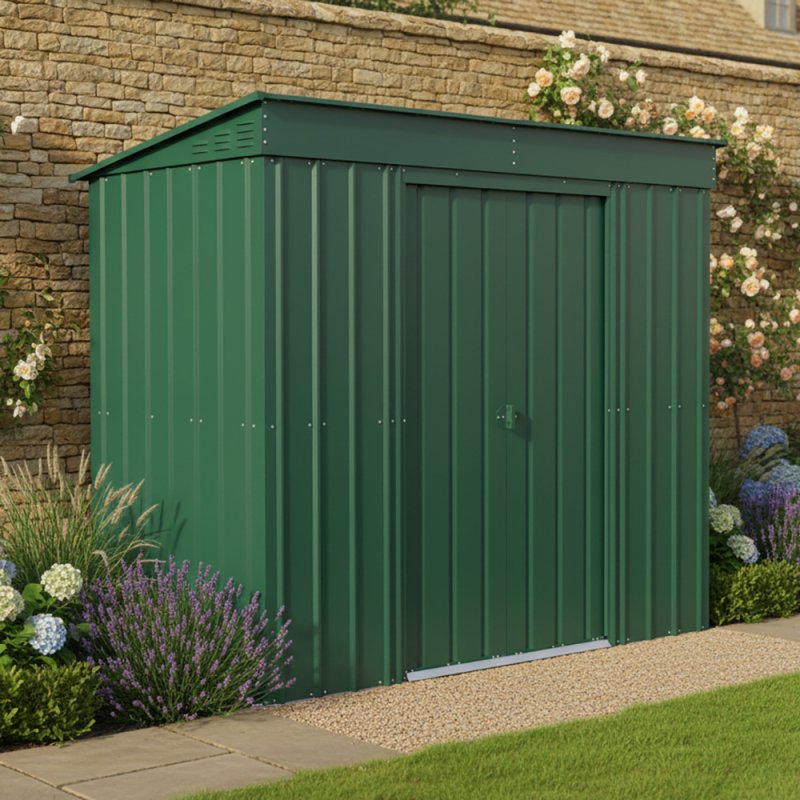 8x4 Globel Pent Metal Shed in Green - in situ, angle view