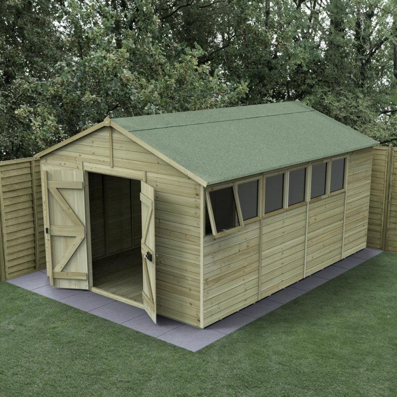 15 x 10 Forest Timberdale 25yr Guarantee Tongue & Groove Pressure Treated Double Door Apex Shed, garden setting