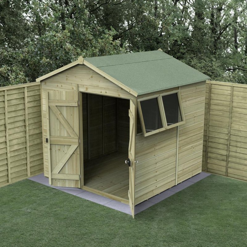 7 x 7 Forest Timberdale 25yr Guarantee Tongue & Groove Pressure Treated Double Door Apex Shed, garden setting
