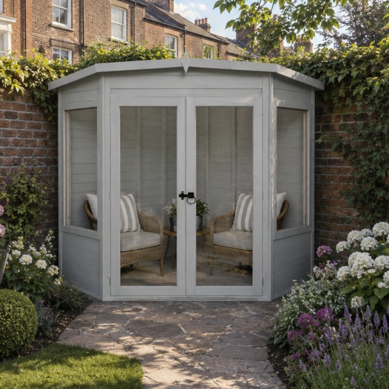 Shire Ramsey 6 x 6 Corner Summerhouse with contemporary anthracite doors and windows in a landscaped garden