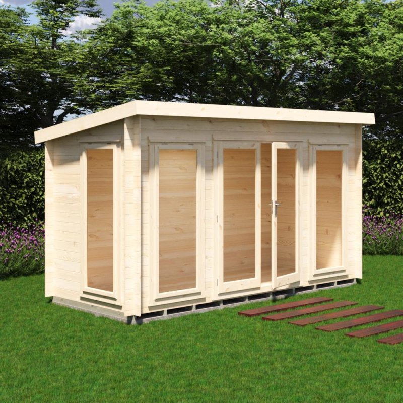Shire Tilney 6x13 wooden garden log cabin with glazed double doors and full-length windows