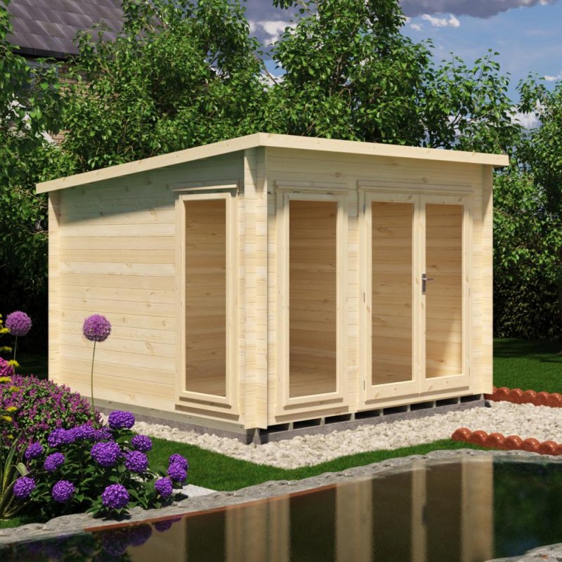 Shire Tilney 10x10 wooden log cabin with double doors and full-length windows