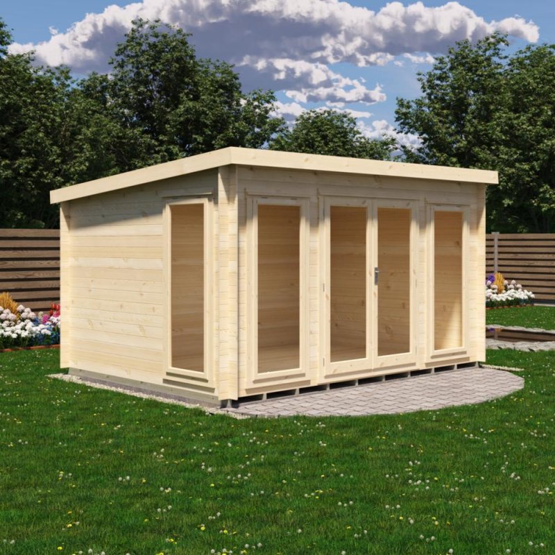 Shire Tilney 13x10 wooden log cabin with glazed double doors and full-length windows