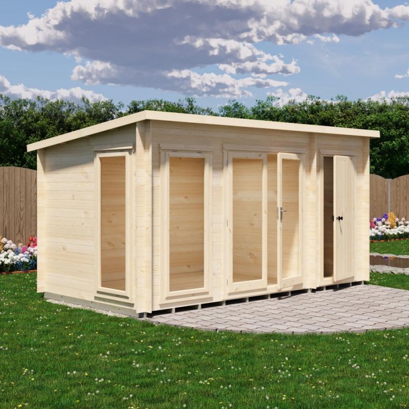 Shire Walsoken 8x14 Log Cabin with Store - Exterior side-angle view on patio lawn