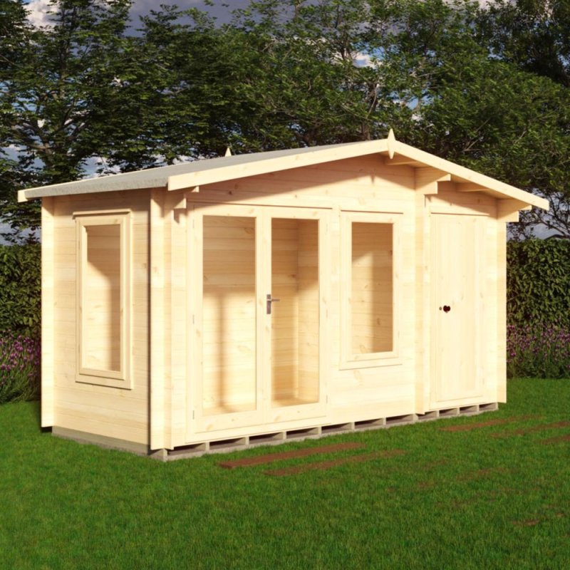 Shire Spalding 14x6 log cabin with double doors and side windows in a garden