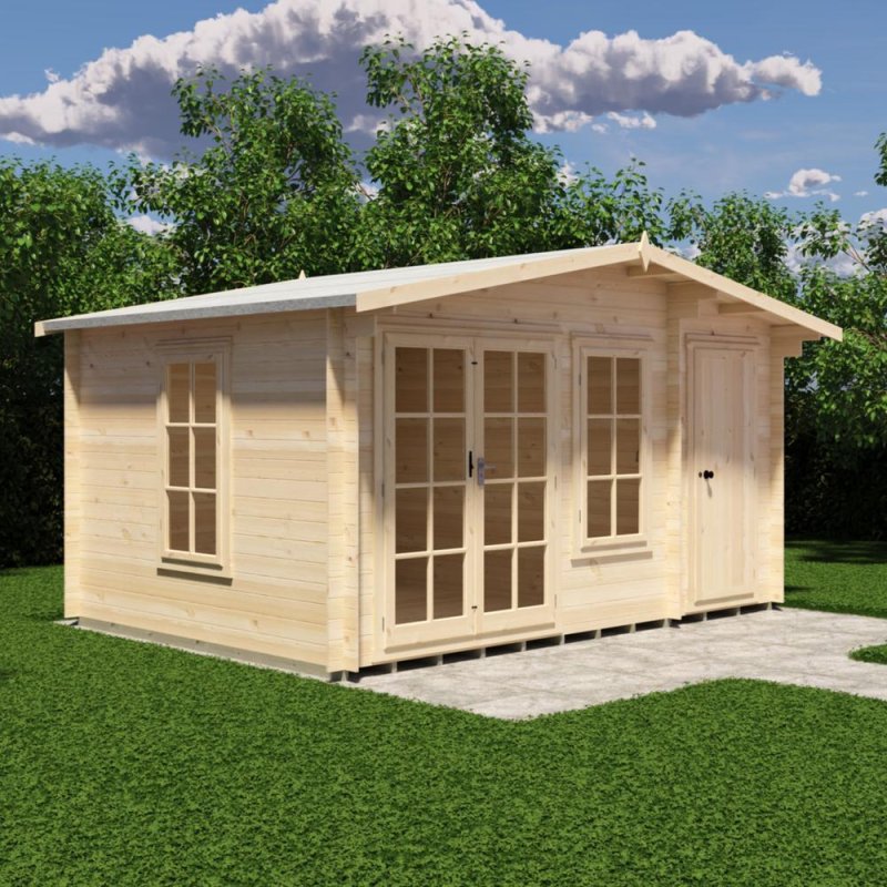 Three-quarter angle view of the Shire Bourne 14x10 wooden log cabin with side windows and double front doors closed.