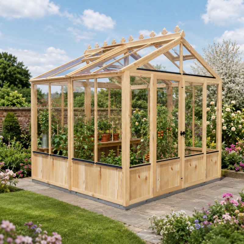 Shire Holkham 8x8 wooden greenhouse in a natural timber finish