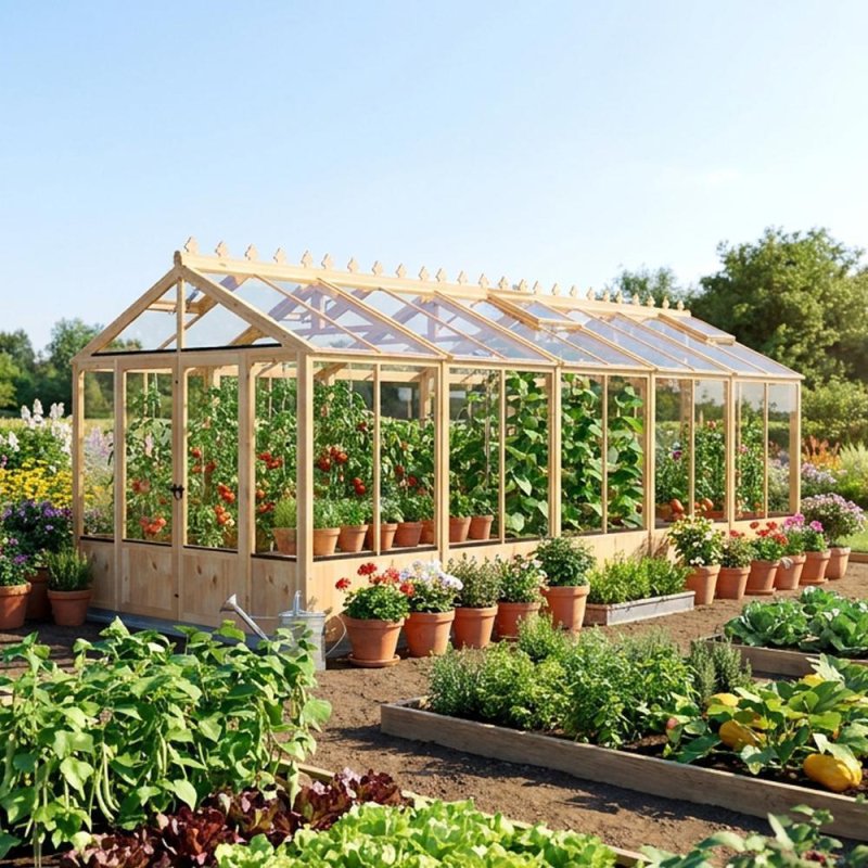 Shire Holkham 8x20 wooden greenhouse in a natural timber finish with plants