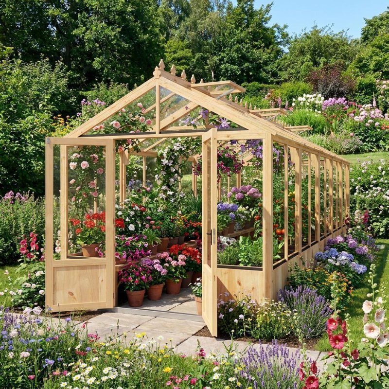 Shire Holkham 8x24 wooden greenhouse in a natural timber finish