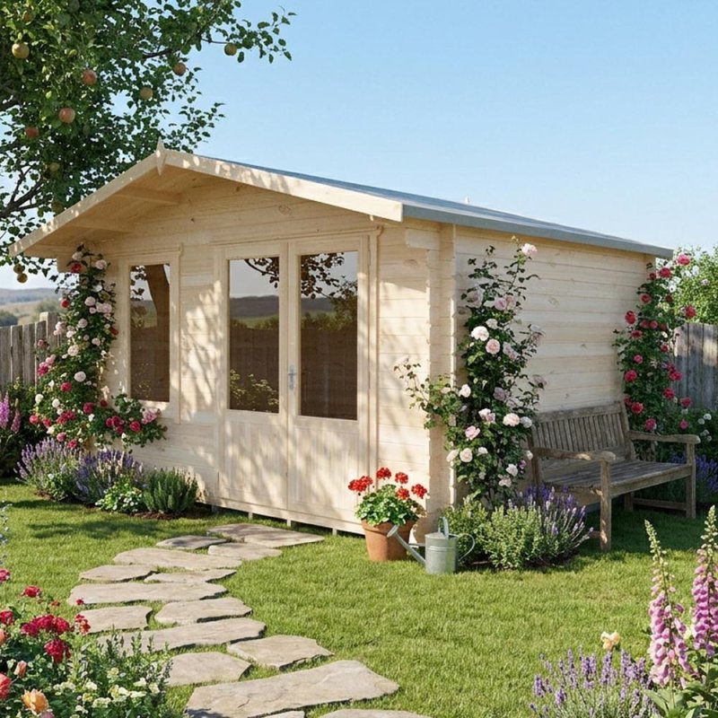 Shire Berryfield 13x10 log cabin exterior set on a stone pathway in a landscaped garden