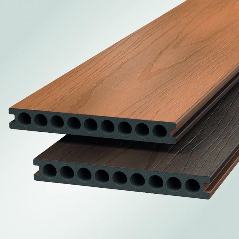 Short: Two stacked Shire GigaShield composite decking boards showing hollow circular channels and dual Nature and Tobacco brown finishes.