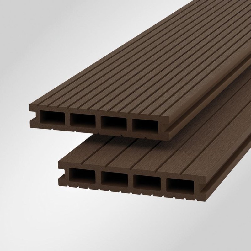 Two stacked Shire Light-Neo composite decking boards in Brown showing rectangular hollow channels and grooved surface.