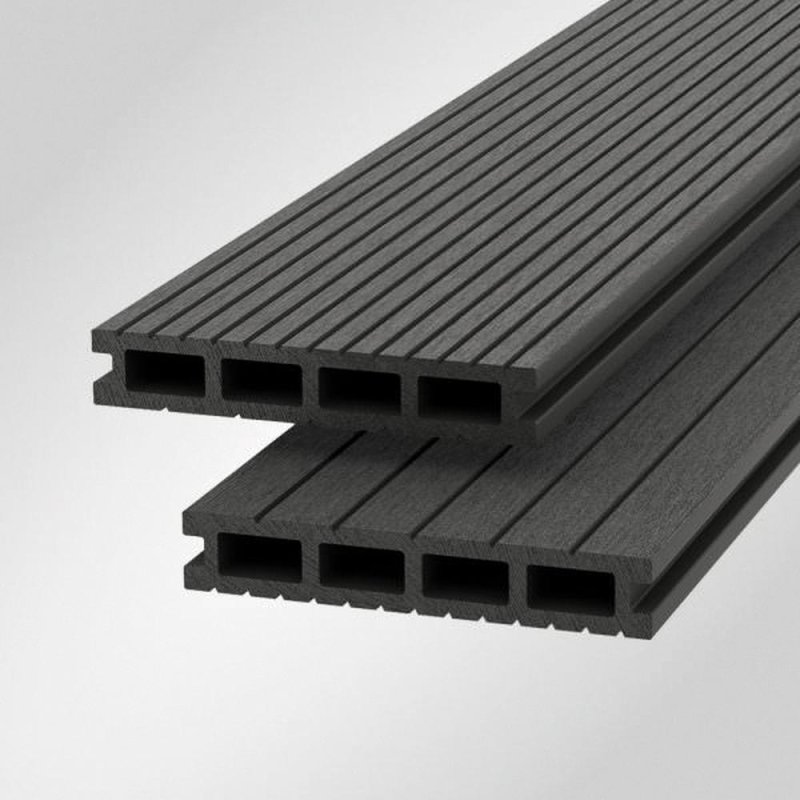 Two stacked Shire Light-Neo composite decking boards in Smoke showing rectangular hollow channels and grooved surface.
