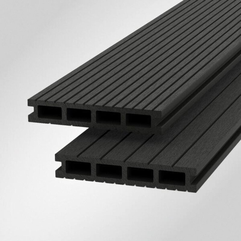 Two stacked Shire Light-Neo composite decking boards in Dark Grey showing rectangular hollow channels and grooved surface. Detailed: