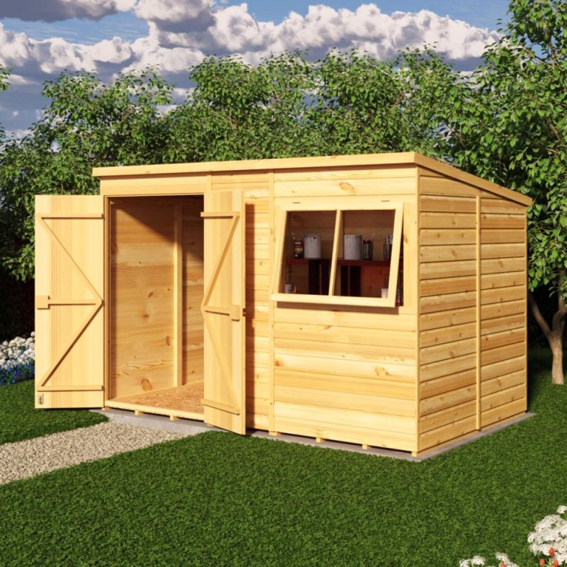 Shire 10x6 shiplap pent wooden garden shed with open double doors and open window