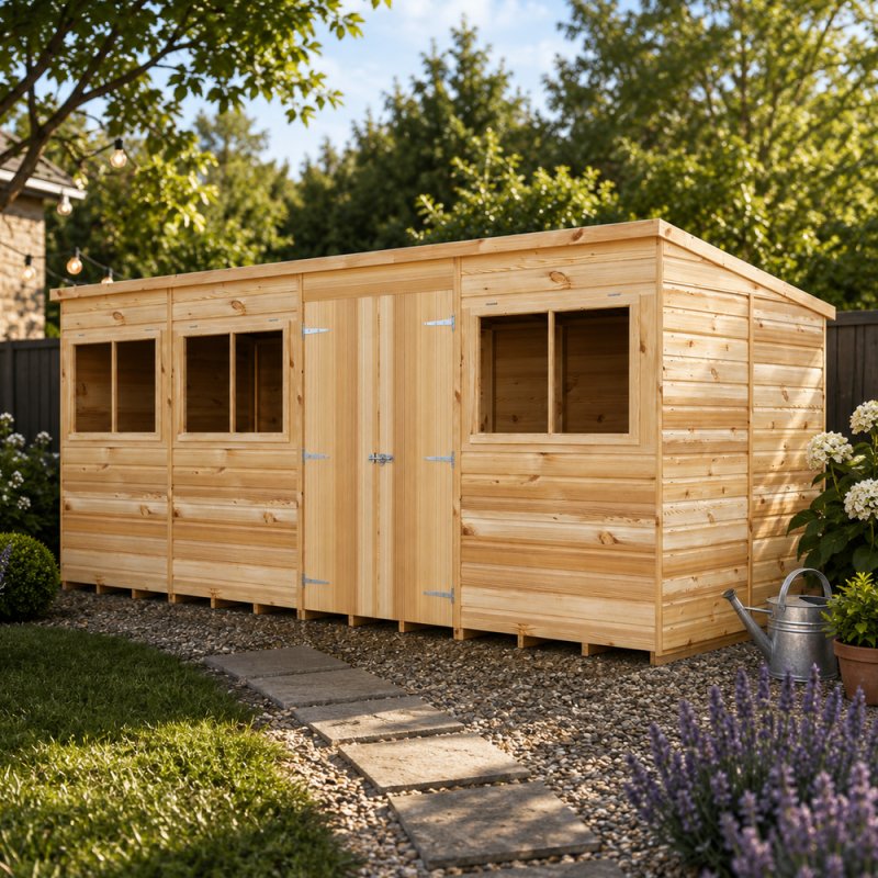 Shire 16x6 shiplap pent wooden garden shed with double doors in garden setting