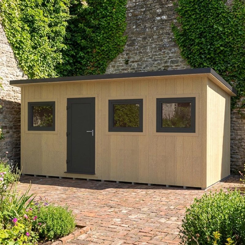 Shire Fortis 16x8 insulated garden office and workshop set on a paved patio
