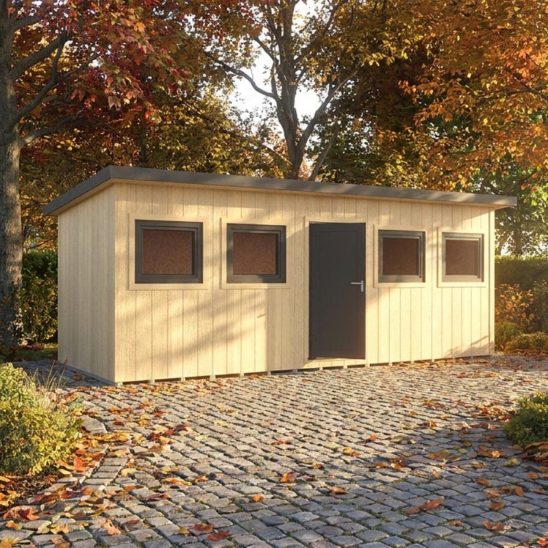 Shire Fortis 20x8 insulated garden office and workshop installed in a gravel garden setting