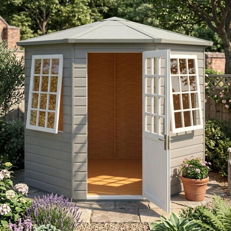 Angled view of the grey painted 8x8 Shire Arreton hexagonal wooden summerhouse set in a landscaped garden with door open.