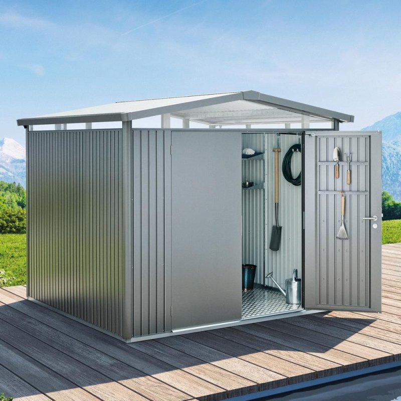 Biohort Panorama P4 quartz grey metallic metal shed set up on a deck with open double doors