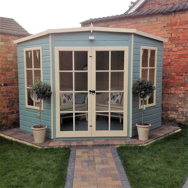 8x8 Shire Hampton Premium Corner Summerhouse - Customer image painted blue