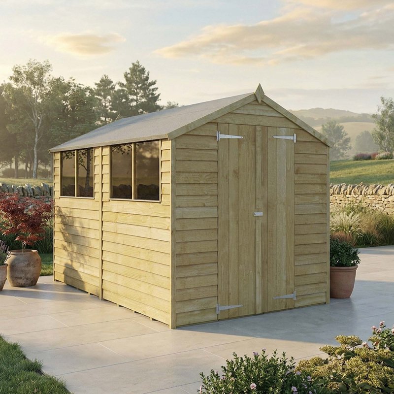 Mercia 10x6 overlap apex wooden workshop shed with side windows in garden setting