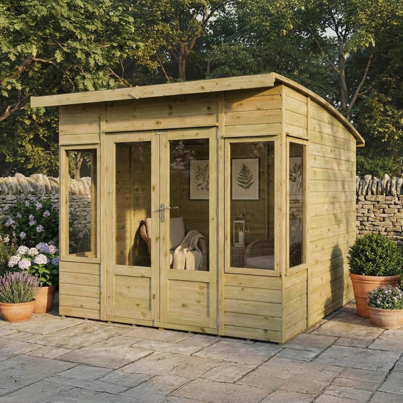 Mercia Helios 8x8 summerhouse in garden setting with double doors and windows