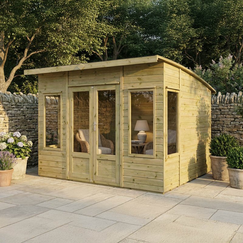 Mercia Helios 10x8 summerhouse in garden setting with full glazing and patio area