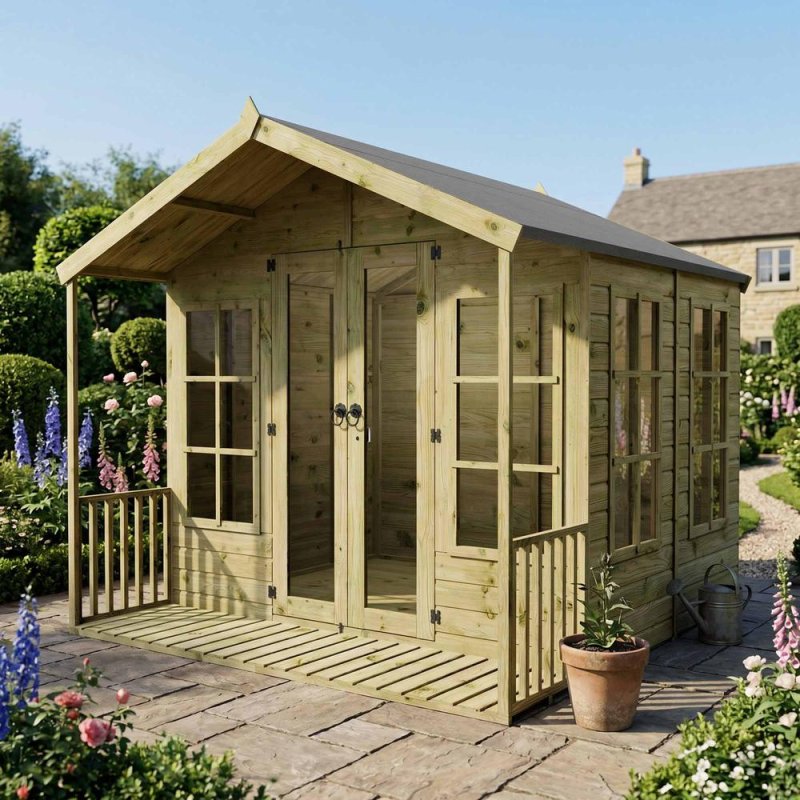 Mercia 8x8 traditional wooden summerhouse with veranda in garden setting