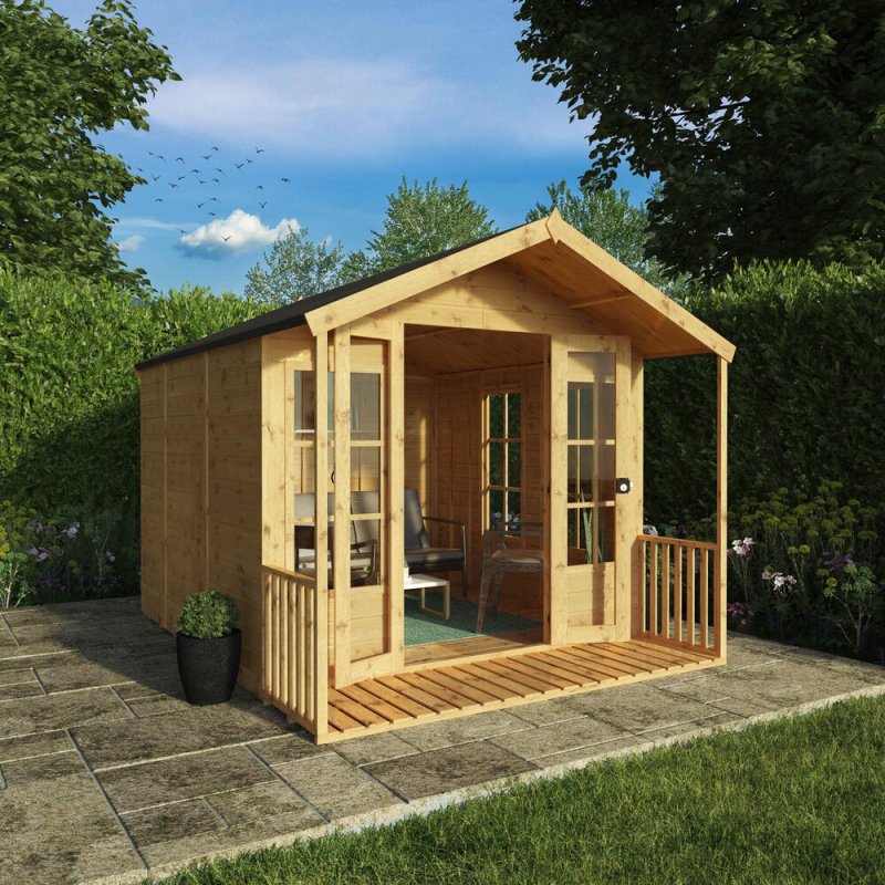 8x10 Mercia Premium Traditional T&G Summerhouse With Veranda - in situ, angle view, doors open