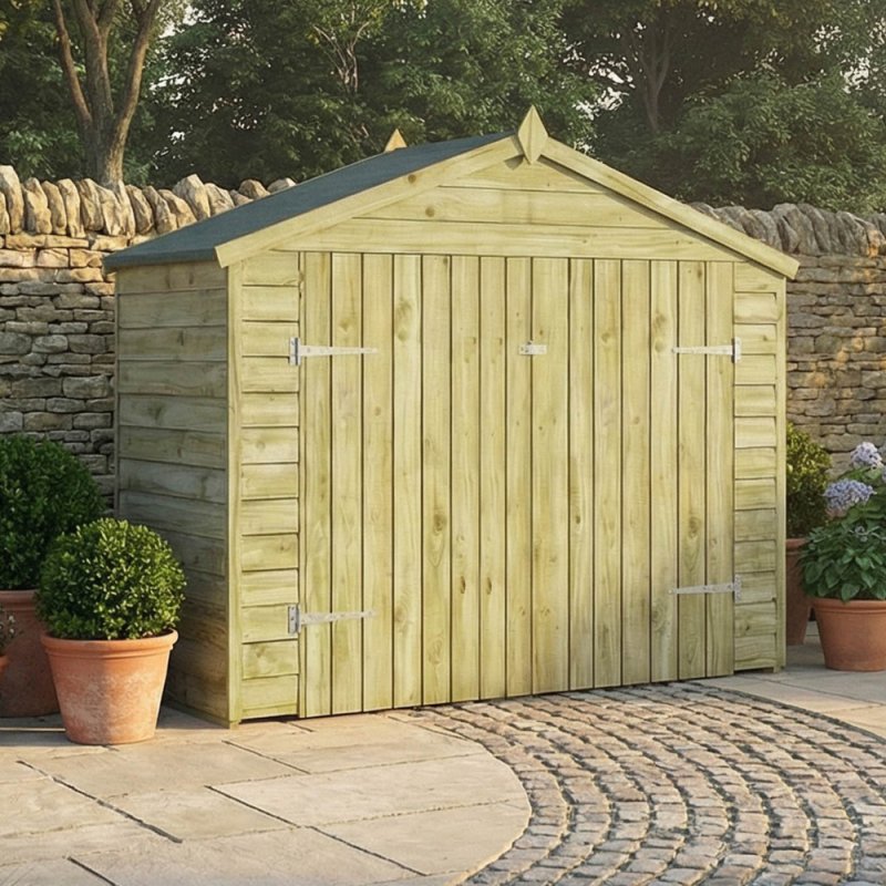 Mercia Overlap 7x3 wooden bike store with double doors closed, natural timber finish