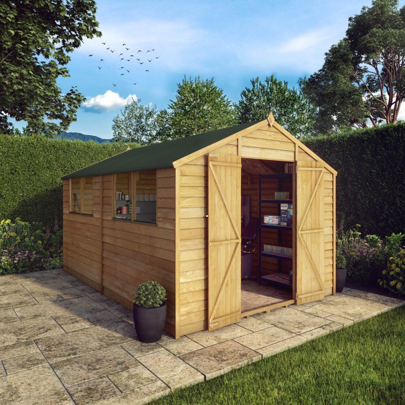 12x8 Mercia Overlap Shed - in situ, angle view, doors open
