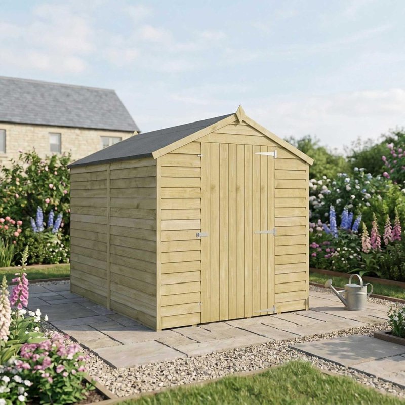 Mercia 8x6 overlap wooden shed in garden setting with apex roof