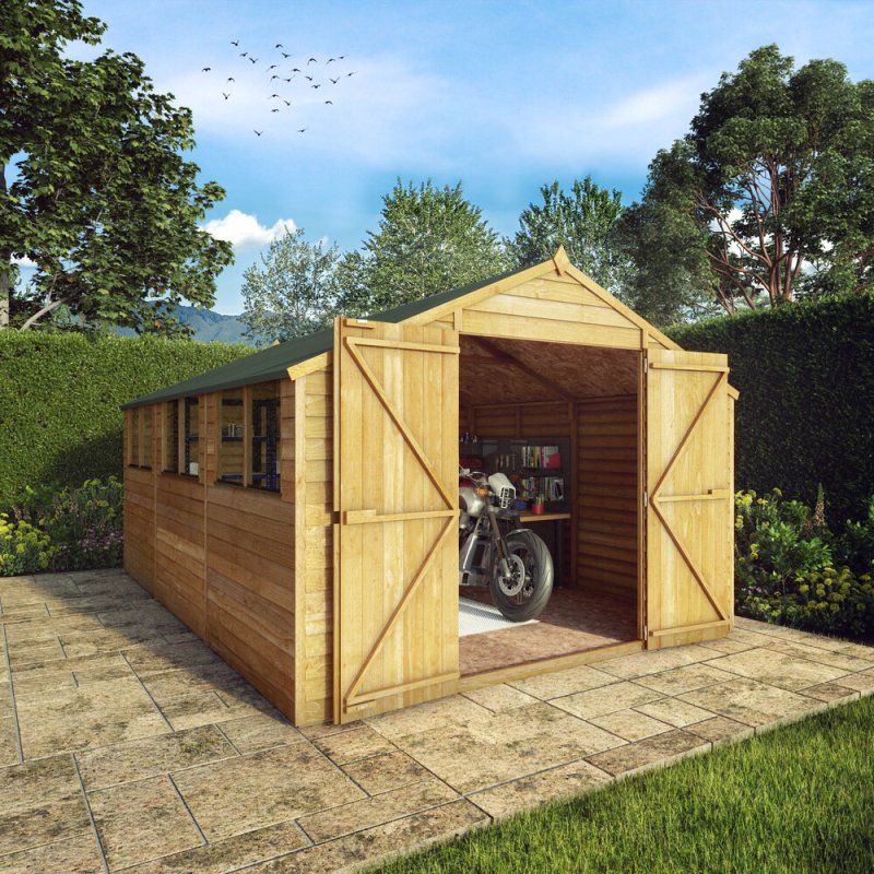 15x10 Mercia Modular Overlap Shed - in situ, angle view, doors open