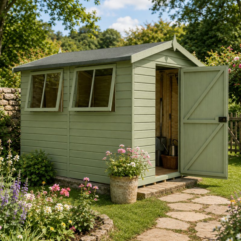 Shire Atlas 10x8 apex wooden garden shed painted sage green with an open single door and two opening side windows on a flagstone garden path.