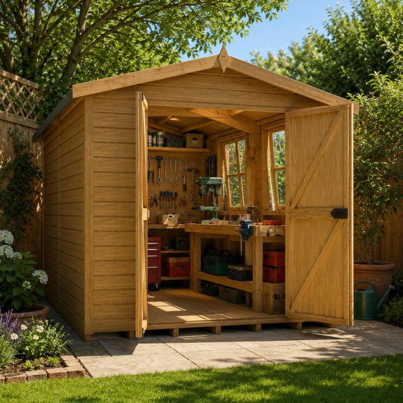 Shire Bison 10x8 apex wooden garden shed with open double doors and large side windows in a garden setting.
