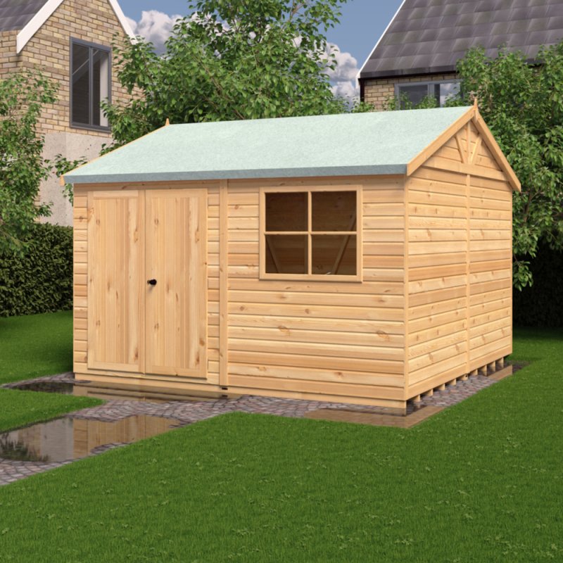 12x12 Shire Mammoth Professional Apex Shed - in situ, angle view