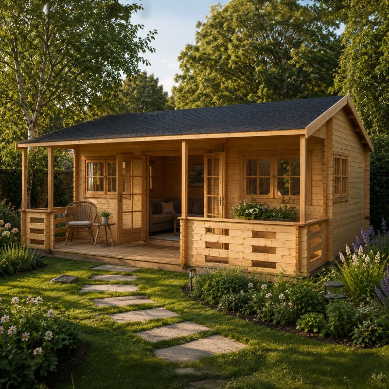 Exterior view of the natural timber Shire Kingswood log cabin featuring an integrated front porch with wooden balustrade railings, glass doors, and front windows set in a landscaped garden with a stone path.