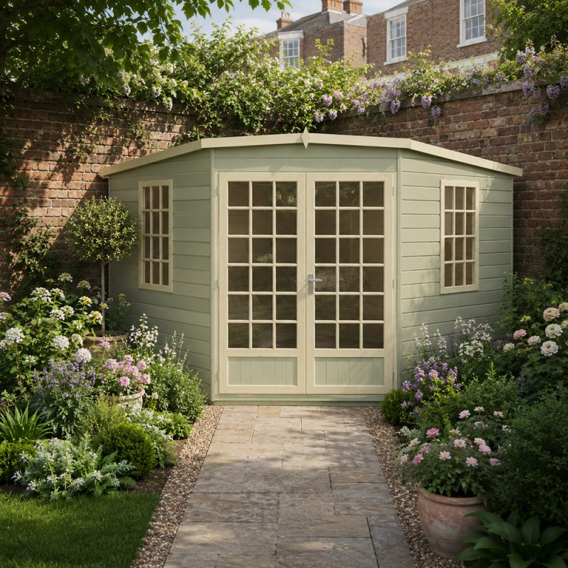 Shire Gold Windsor 10x10 Corner Summerhouse painted light green set in a garden paved patio area.