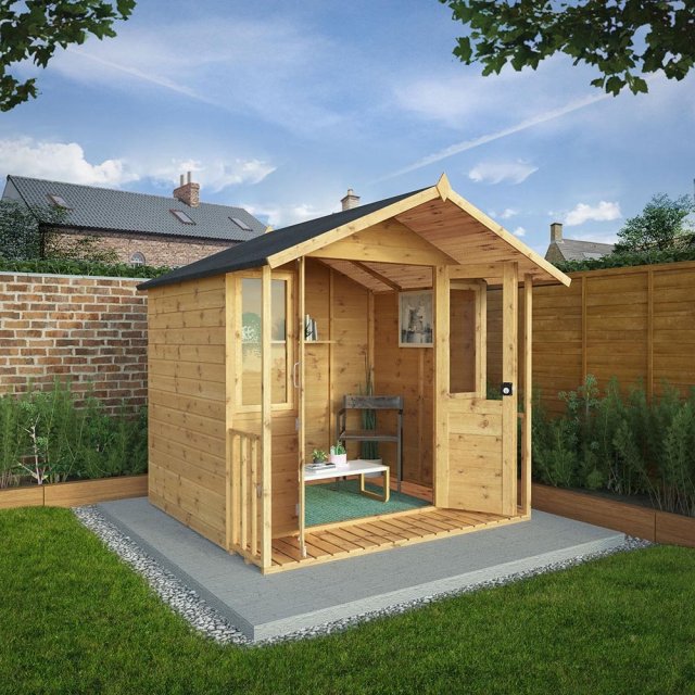 7x7 Mercia Shiplap Traditional Summerhouse with Veranda - in situ - angle view - doors open