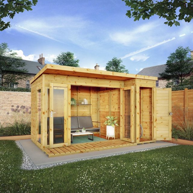 12 x 8 Mercia Garden Room Summerhouse with Side Shed - doors open
