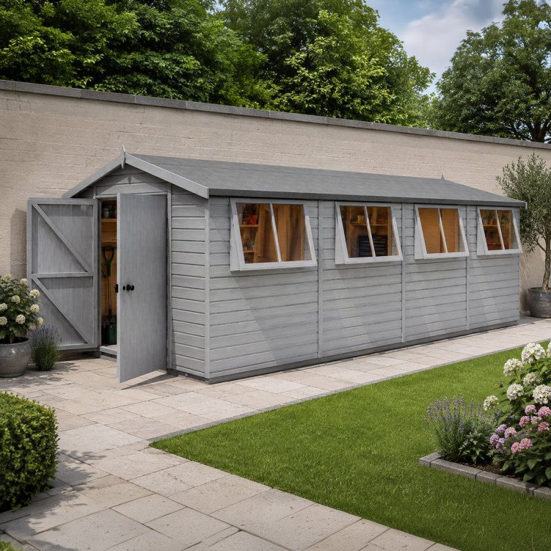 Shire Atlas 10x20 apex wooden garden shed painted light grey with double doors open to an interior workshop and multiple opening side windows.