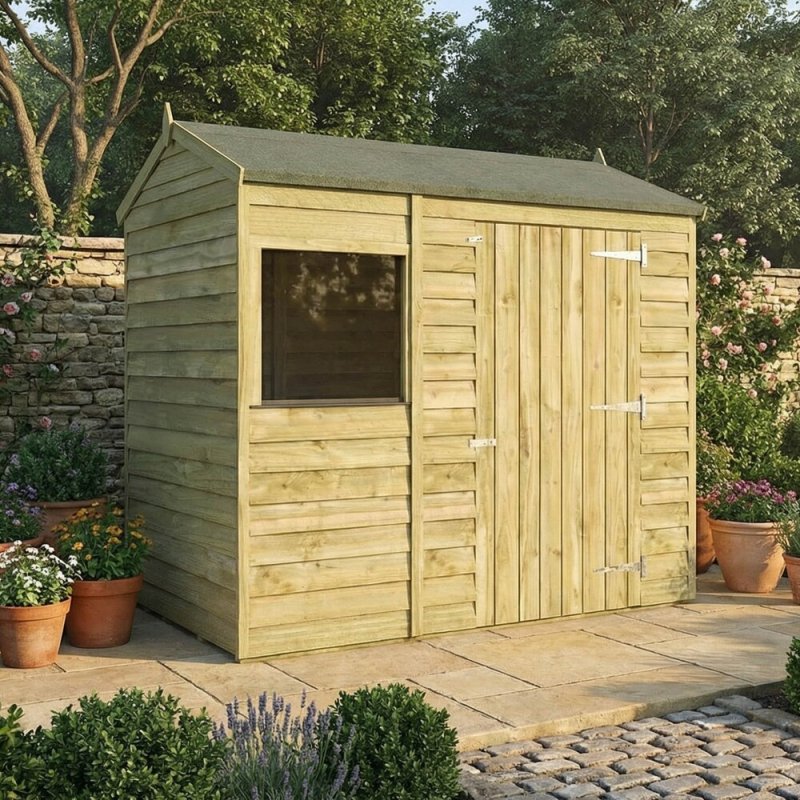 Mercia 6x4 overlap reverse apex garden shed in outdoor garden setting with window and double doors