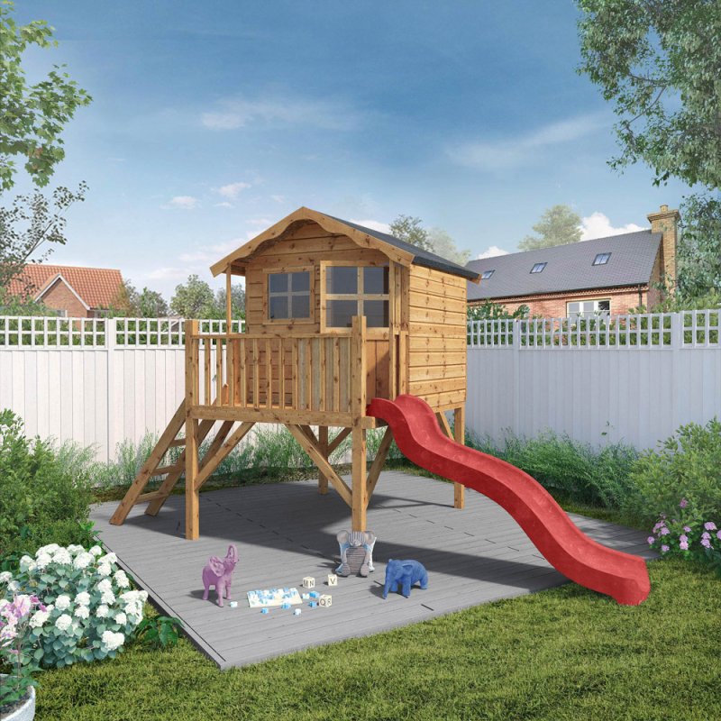 5x7 Mercia Poppy Tower Playhouse with Slide - in situ, angle view