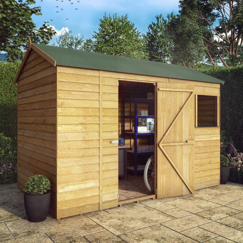 10 x 6 Mercia Overlap Reverse Shed - in situ - angle view - doors open