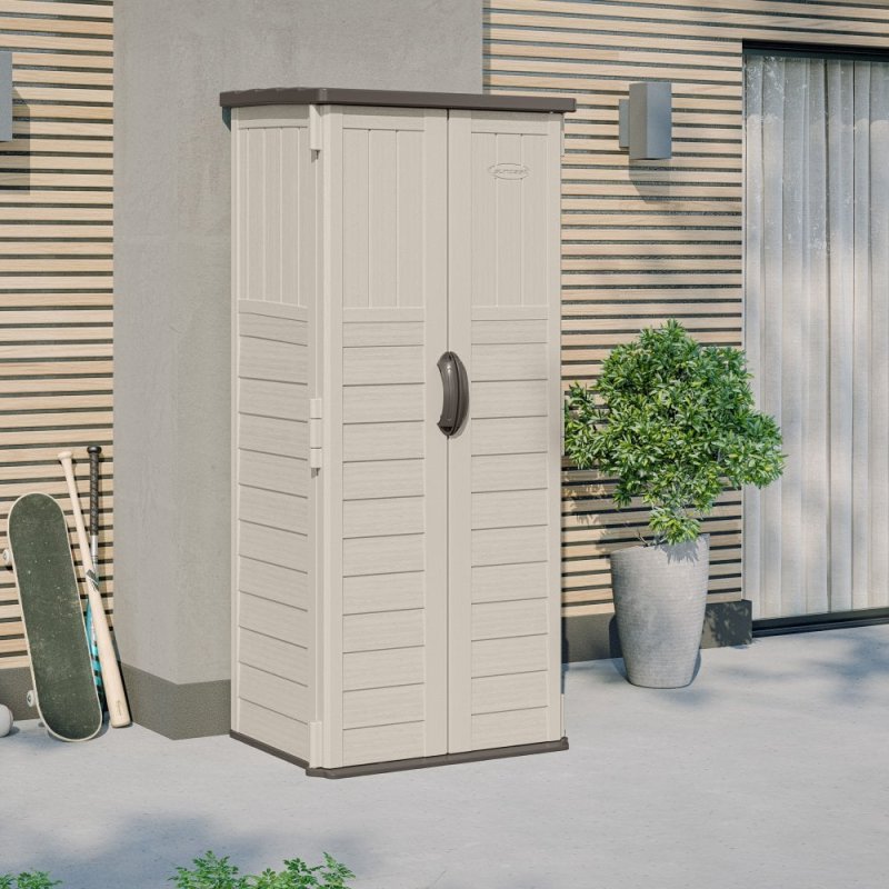3 x 2 Suncast Mannington Storage Cabinet in Vanilla - in situ, angle view