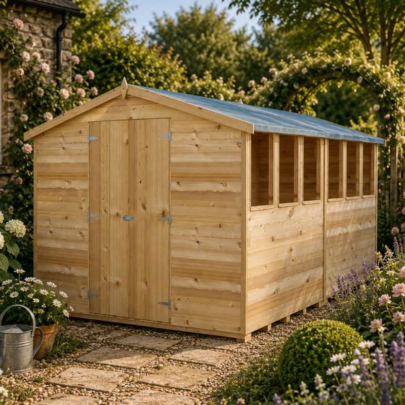 12x8 Shire Value Overlap Apex Garden Shed - in situ, angle view, doors closed