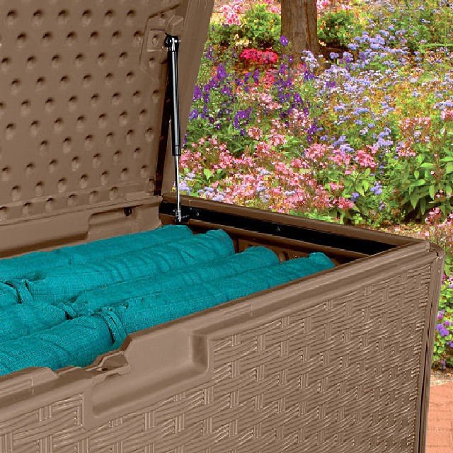 Suncast Rattan Style Wicker Deck Box (507 Litres) elbec garden buildings