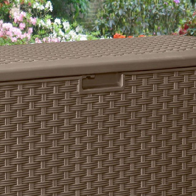 Suncast Rattan Style Wicker Deck Box (507 Litres) elbec garden buildings